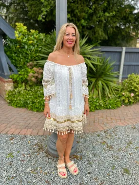 White Luxury Gold Crochet Tassel Hem Dress Frances