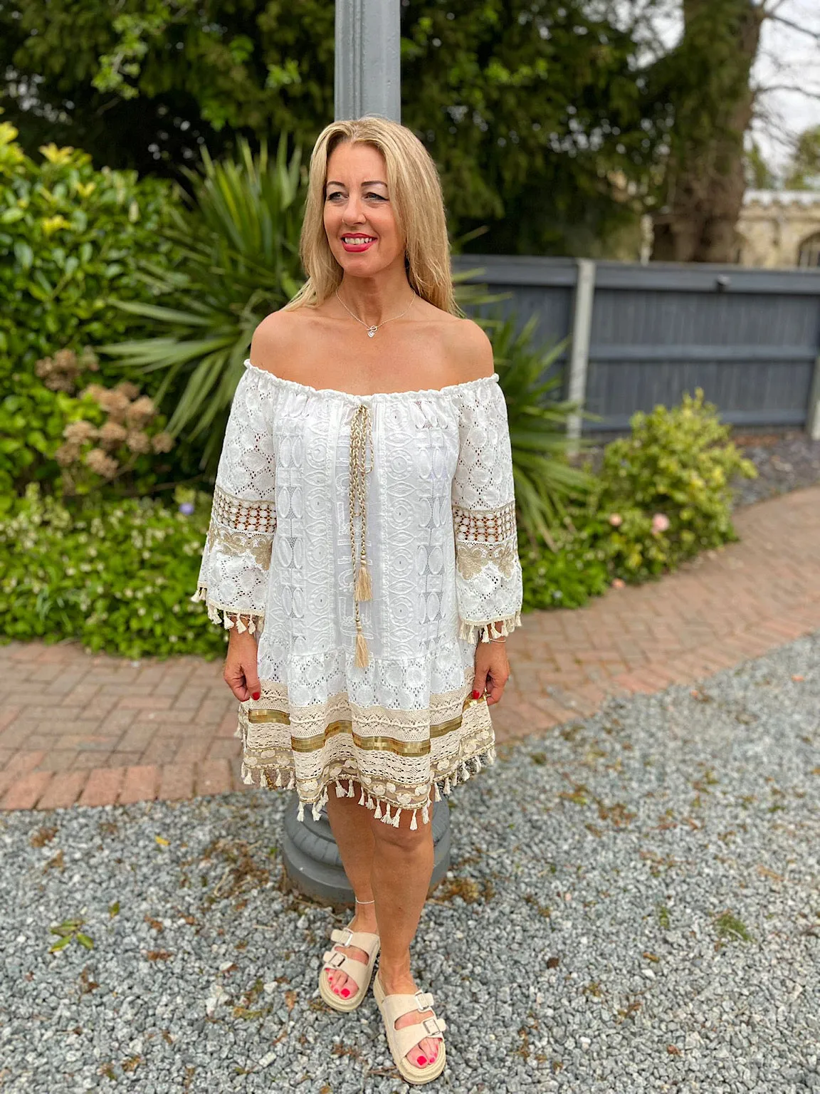 White Luxury Gold Crochet Tassel Hem Dress Frances