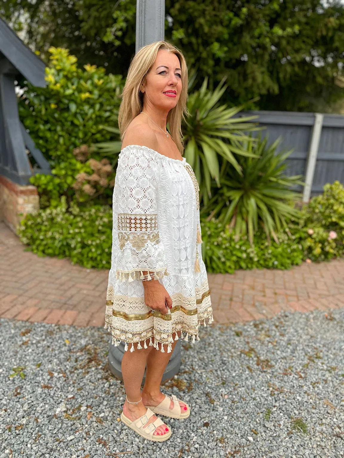 White Luxury Gold Crochet Tassel Hem Dress Frances