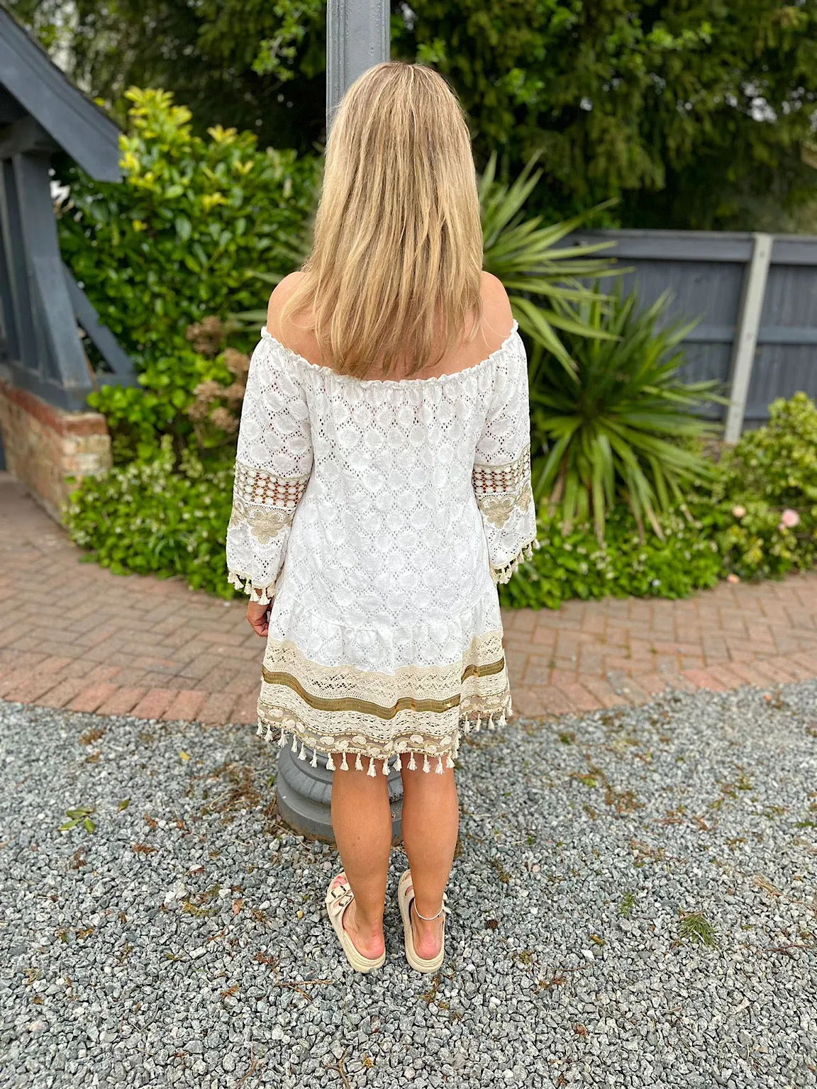 White Luxury Gold Crochet Tassel Hem Dress Frances