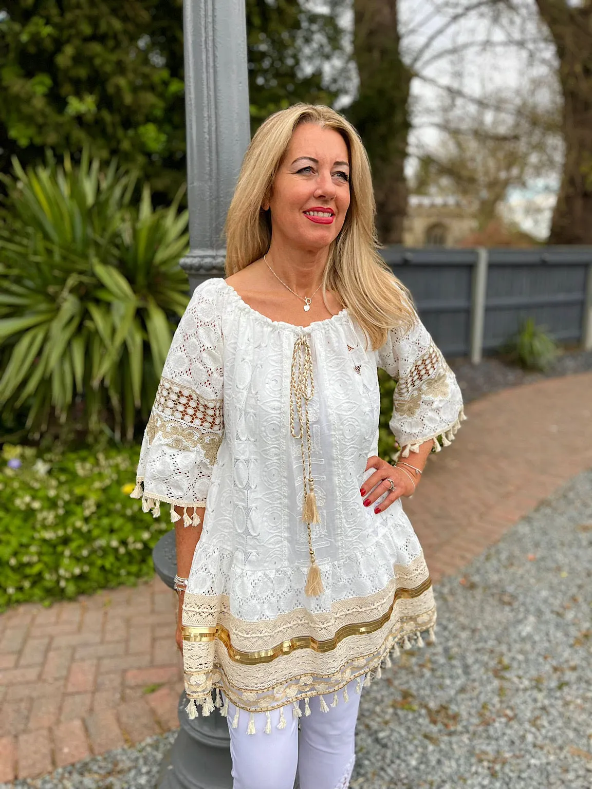 White Luxury Gold Crochet Tassel Hem Dress Frances