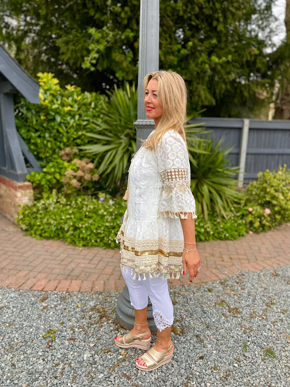 White Luxury Gold Crochet Tassel Hem Dress Frances