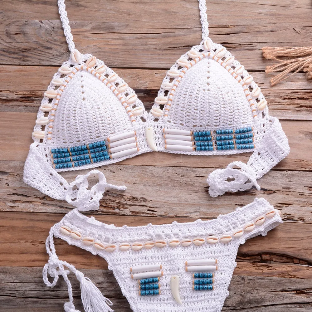 Women's Sexy Knitted Blue Shell Beaded Push-Up Crochet Bikinis Set